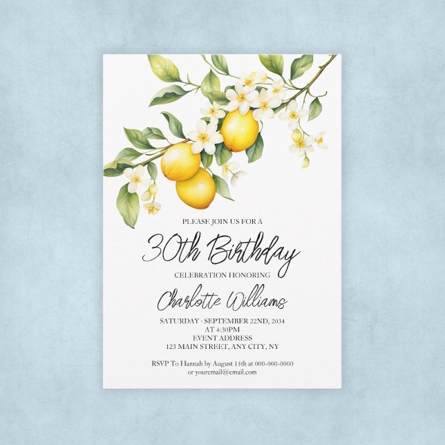 Convite Festa de aniversário de 30 anos de Aquarela do Tem (Lemon Theme Watercolor 30th Birthday Party Invitation
)
