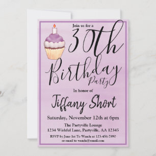 Convite Festa de aniversário de 30 anos de Cupcake Roxo