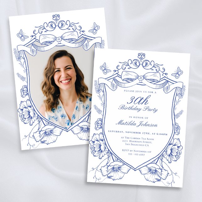 Convite Festa de aniversário de 30 anos de Fotografia Pers (Blue Floral Custom Photo 30th Birthday Party Invitation)