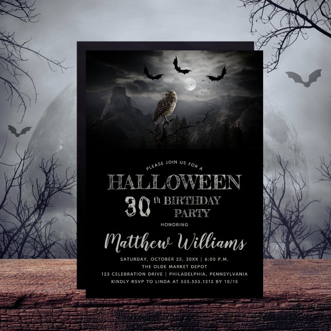 Convite Festa de aniversário de 30 anos de Halloween Noite (Eerie Owl and Bats Spooky Night 30th Birthday Party Invitation)