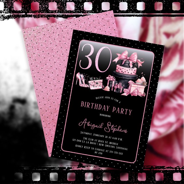 Convite Festa de aniversário de 30 anos de Moda Preta Glam (Glam Pink and Black French Couture Fashion 30th Birthday Party Invitation)