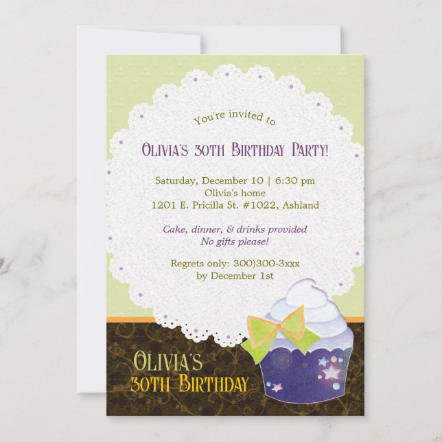 Convite Festa de aniversário de 30 anos de Posh Cupcake (Frente)