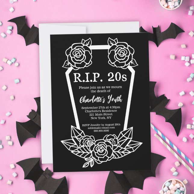 Convite Festa de aniversário de 30 anos de Rosa de de de   (Rip 20s Black Roses Coffin 30th Birthday Party Invitation
)