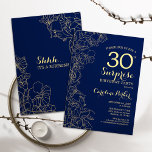 Convite Festa de aniversário de 30 anos de Surpresa Dourad<br><div class="desc">Convite de festas azul-marinho floral e aniversário de 30 anos-surpresa dourado. Design minimalista moderno com sotaques botânicos e letra de escrita tipográfica. Simples cartão de convite floral perfeito para uma festa surpresa na moda. Pode ser personalizado para qualquer idade.</div>