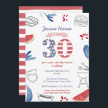 Convite Festa de aniversário de 30 anos do Cookout da Famí<br><div class="desc">Design de convite para aniversário de 30 anos azul vermelho azul para uma festa de piquenique ou biscoito ao ar livre</div>