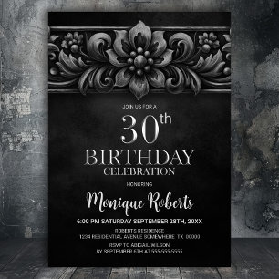 Convite Festa de Aniversário de 30 Anos Flor Vintage Preta