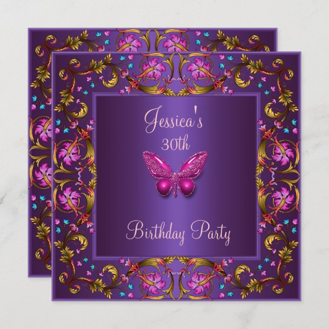 Convite Festa de Aniversário de 30 anos Floral Borboleta R (Frente/Verso)