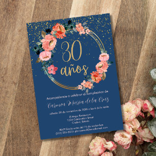 Convite Festa de Aniversário de 30 Anos Floral Chic Dourad
