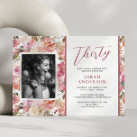 Convite Festa de aniversário de 30 anos Floral Cor-de-Água<br><div class="desc">Elegante 30º convite de aniversário com um pano de fundo floral de cor-de-água rosa rústico,  uma foto da aniversariante e um modelo de celebração de 30 que é fácil de personalizar.</div>
