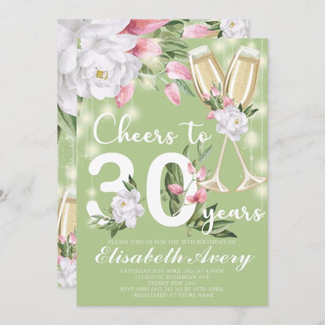 Convite Festa de aniversário de 30 anos Floral de Champagn (Frente/Verso)