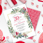 Convite Festa de aniversário de 30 anos Holly Floral de Ro<br><div class="desc">Um quadro de férias delicado e festivo contém rosas vermelhos e brancos aninhados em folhas sagradas e de eucalipto. O nome e o ano de aniversário da celebrante são escritos em um bonito vermelho. Perfeito para uma festa de aniversário de inverno. Fácil de personalizar.</div>