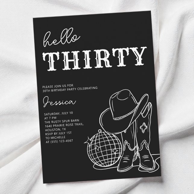 Convite Festa de Aniversário de 30 Anos no Estilo Western  (Thirty Black and White Western 30th Birthday Party Invitation)
