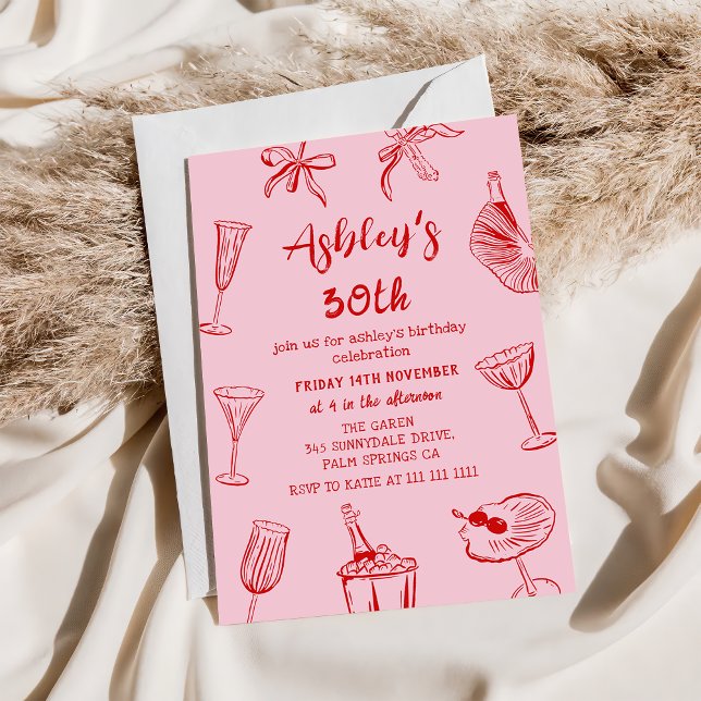 Convite Festa de Aniversário de 30 Anos Pink Desenhada à M (Criador carregado)