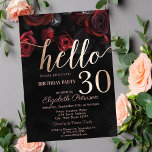 Convite Festa de aniversário de 30 anos Preta do Rosa verm<br><div class="desc">Rosas vermelhas elegantes sobre fundo preto.</div>