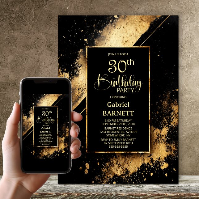 Convite Festa de Aniversário de 30 anos Preto e Dourado (Criador carregado)
