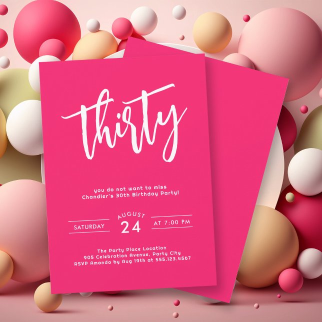 Convite Festa de aniversário de 30 anos Rosa Quente Simple (Get the party started with this bright bold hot pink birthday party invitation. 
)