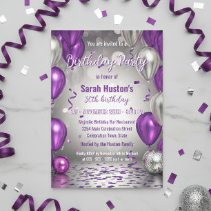 Convite Festa de Aniversário de 30 Anos Roxo e Prata Espel