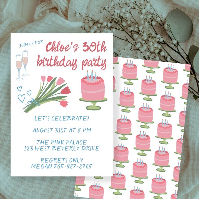 Convite Festa de aniversário de 30 anos Whimsérica, Girlie (Whimsical 30th Birthday Party Girlie Cute Custom Invitation
)