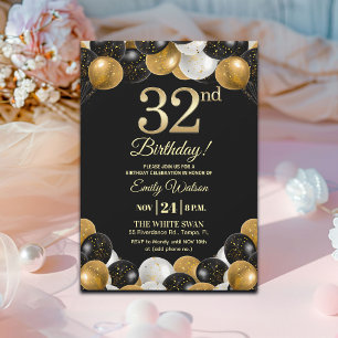 Convite Festa de Aniversário de 32 anos com Brilho Preto E