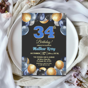 Convite Festa de Aniversário de 34 anos Azul Prata Dourado