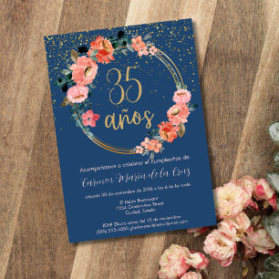 Convite Festa de Aniversário de 35 Anos Azul Espanhol Flor