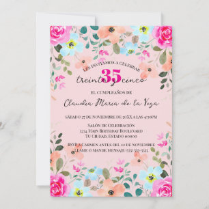 Convite Festa de Aniversário de 35 Anos com Floral Rosa Vi