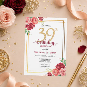 Convite Festa de Aniversário de 39 Anos Elegante Blush Dou