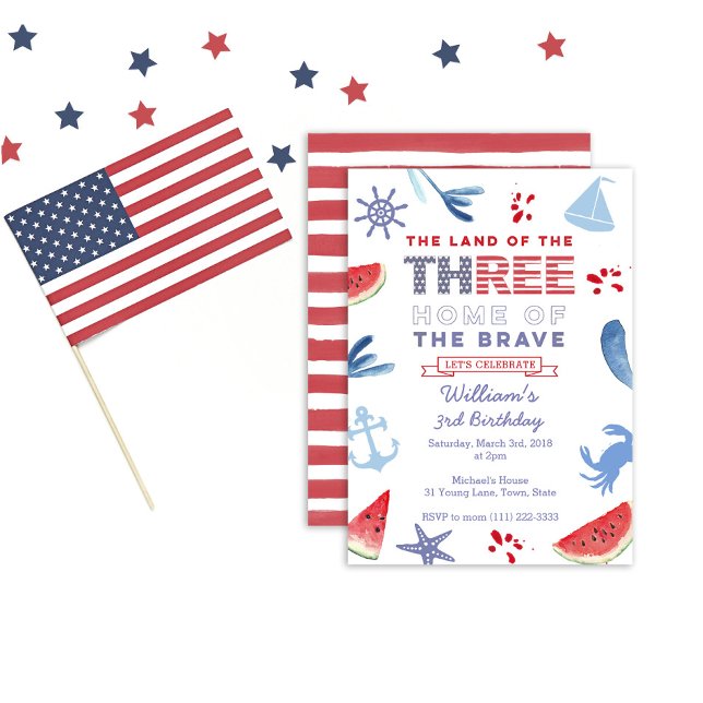 Convite Festa de aniversário de 3 anos Azul Branco Vermelh (Criador carregado)