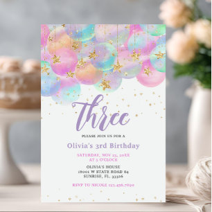 Convite Festa de Aniversário de 3 anos Balão Rosa Arco-íri