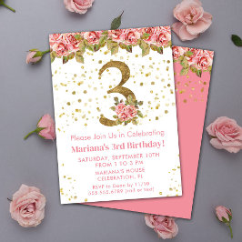 Convite Festa de Aniversário de 3 anos com Rosas Rosa Flor