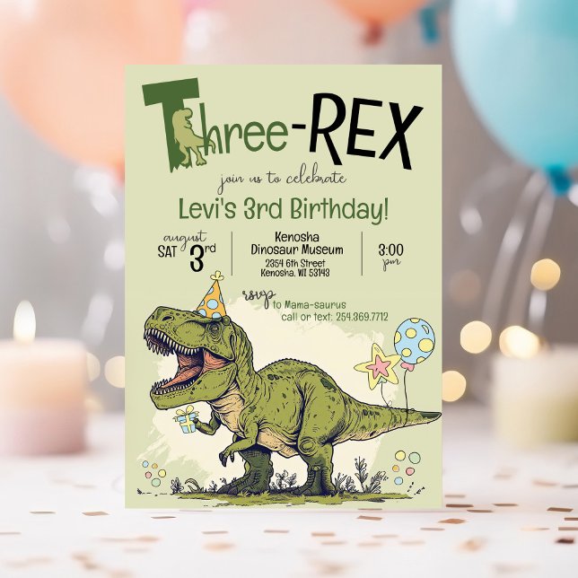 Convite Festa de aniversário de 3 anos de Cartoon de Dinos (Cute Cartoon T-Rex Dinosaur wearing a birthday hat, Three-Rex 3rd birthday party invitation, green)