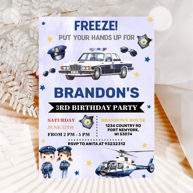 Convite Festa de aniversário de 3 anos de Garoto Policial (Criador carregado)