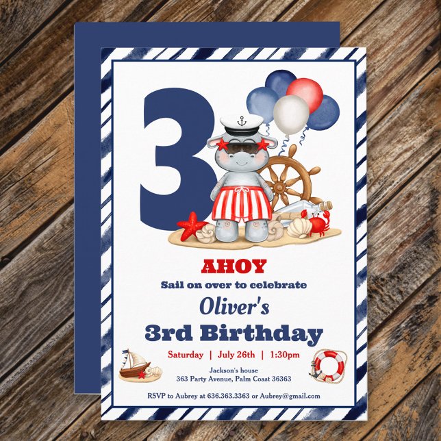 Convite Festa de aniversário de 3 anos de segundo de Marin (Nautical Sailor 2nd 3rd Birthday Boat Party Invitation)