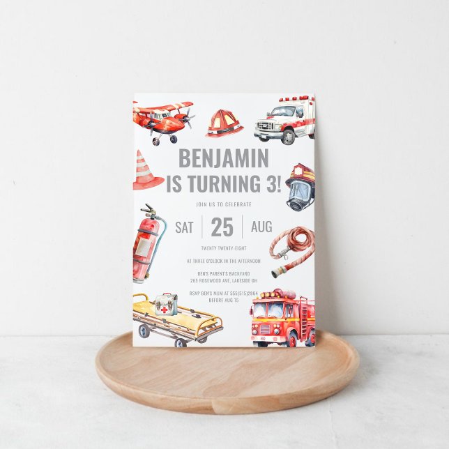 Convite Festa de aniversário de 3 anos do Bombeiros de Eme (Firefighter Rescue Themed Boys 3rd Birthday Party Invitation)