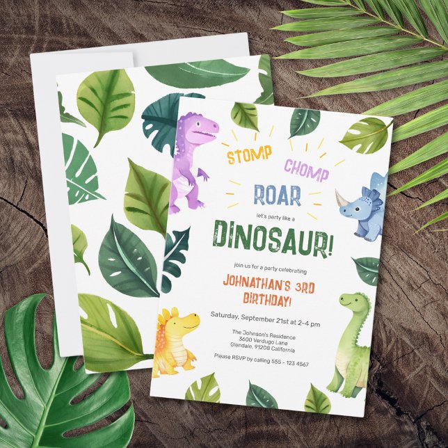 Convite Festa de aniversário de 3 anos do Dinossauro do Ch (Stomp Chomp Roar Dinosaur 3rd Birthday Party Invitation)