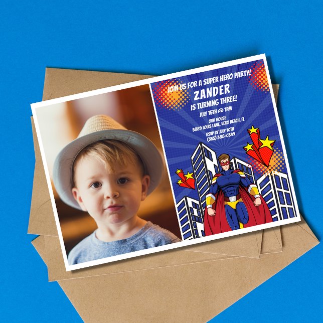 Convite Festa de aniversário de 3 anos do Theme Fotografia (Superhero Theme Photo Boys 3rd Birthday Party Invitation)