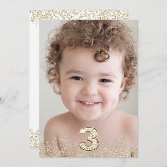 Convite Festa de aniversário de 3 anos Dourada Glitter & P (Frente/Verso)