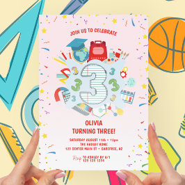 Convite Festa de aniversário de 3 anos rosa-rosa na escola