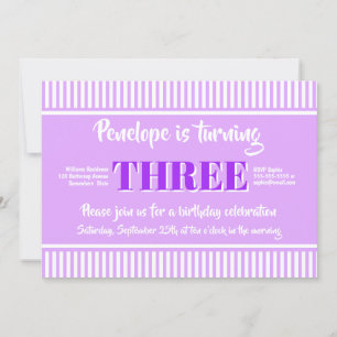 Convite Festa de aniversário de 3 anos roxo com tiras ros