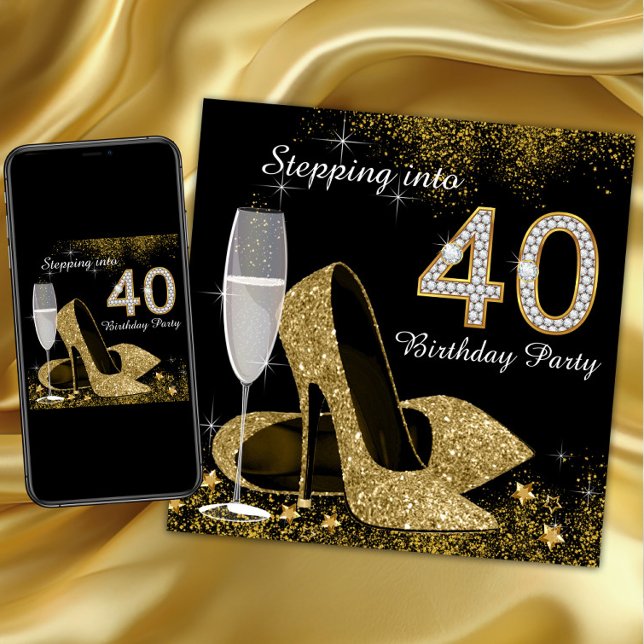 Convite Festa de Aniversário de 40 anos (Womans stepping into 40 birthday party invitation with gold high heel shoes and diamond 40.)