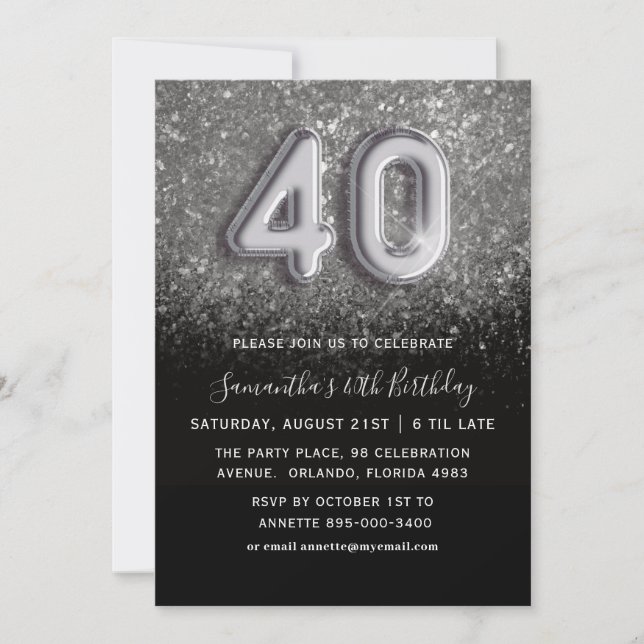 Convite Festa de Aniversário de 40 anos com Brilho Prata e (Frente)