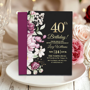 Convite Festa de Aniversário de 40 anos com Floral Dourado