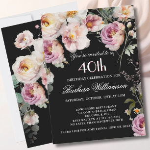 Convite Festa de Aniversário de 40 Anos com Floral Pintada