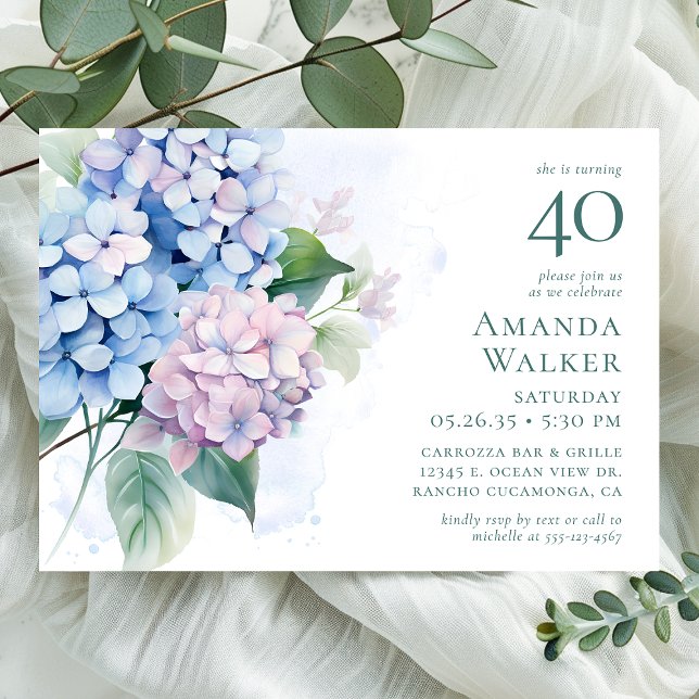 Convite Festa de Aniversário de 40 anos com Hortênsias Azu (Criador carregado)