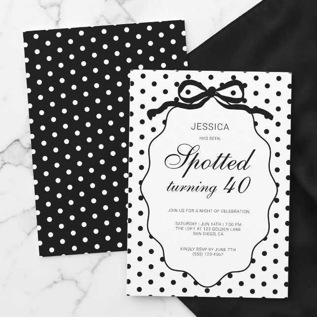 Convite Festa de Aniversário de 40 anos com Laço de Bolinh (Polka Dot Bow Spotted Turning 40th Birthday Party Invitation)