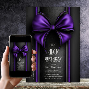 Convite Festa de Aniversário de 40 anos com Laço Roxo Eleg
