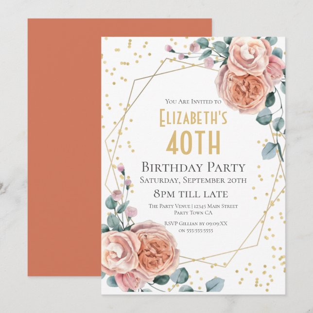Convite Festa de Aniversário de 40 anos com Rosas e Eucali (Frente/Verso)