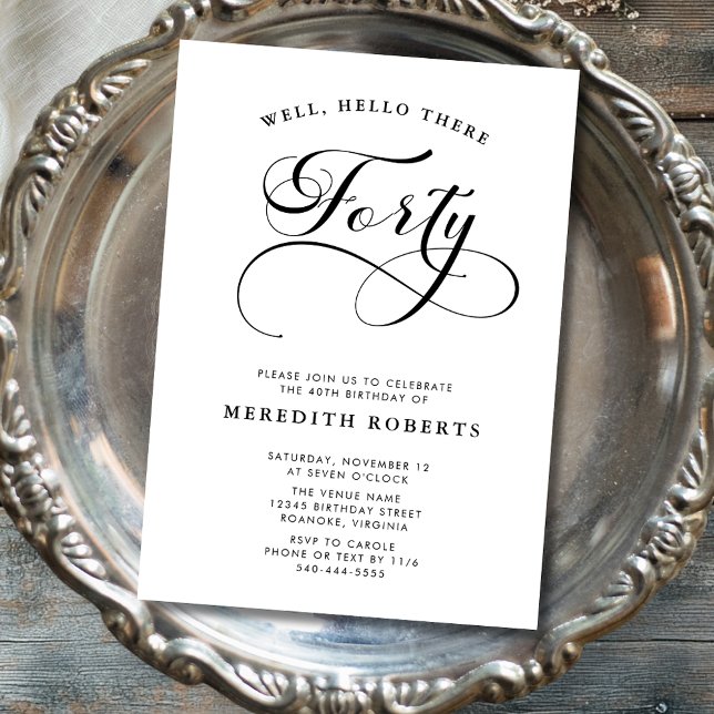 Convite Festa de aniversário de 40 anos da Caligrafia Eleg (Elegant Swirly Calligraphy 40th Birthday Party Invitations)