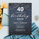 Convite Festa de aniversário de 40 anos das Luzes Russas d<br><div class="desc">Modelo simples, moderno, elegante e chic com convite de festas de aniversário de 40 anos, com fundo azul denim, a palavra BIRTHDAY coberta em diamantes brancos (simulados, não em diamantes reais) e em roteiros de caligrafia modernos, tipografia rústica em branco, assim como luzes de cordas rústicas. Um design de "denim...</div>