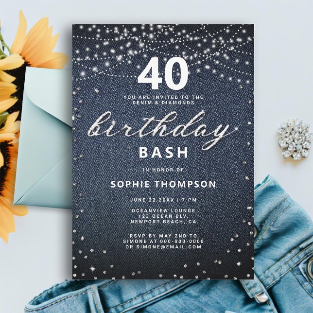Convite Festa de aniversário de 40 anos das Luzes Russas d (denim diamonds 40th birthday invitation for women elegant modern rustic lights classy rhinestones)